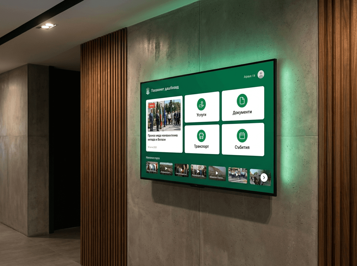 Wall-mounted landscape display showing the municipal dashboard in an administration corridor