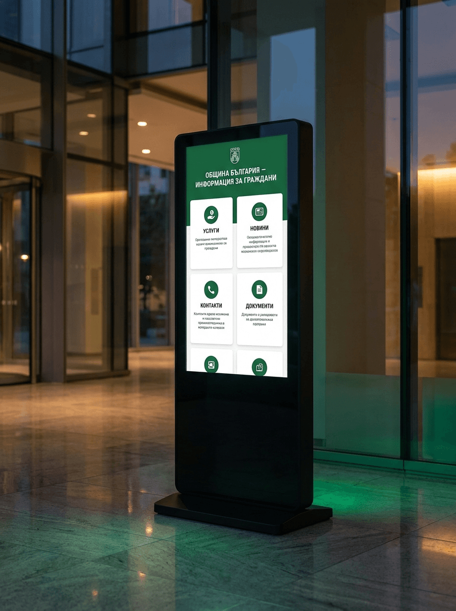 Floor-standing portrait totem showing the municipal interface in a town hall lobby